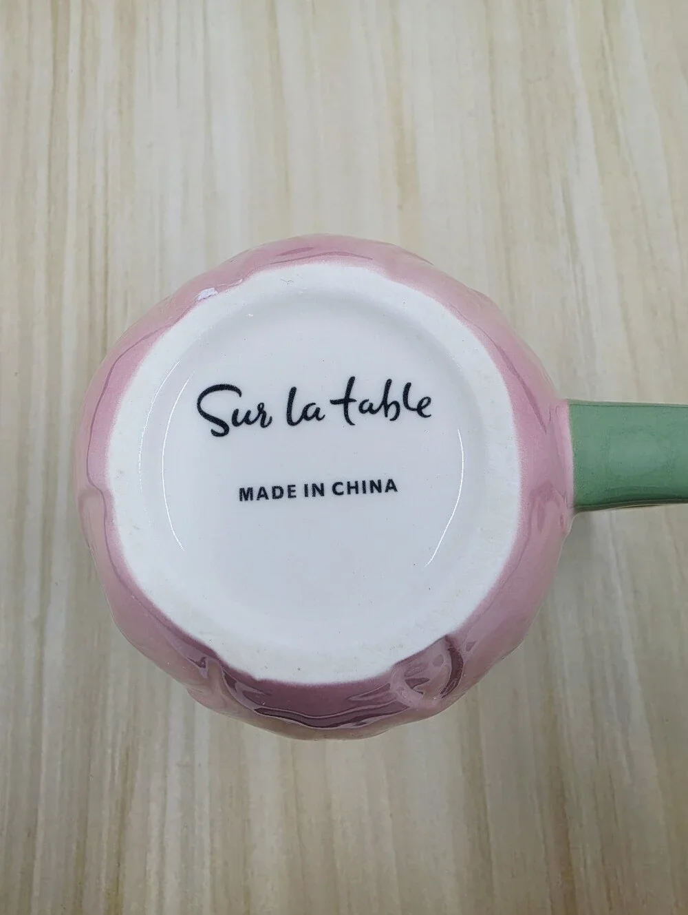 Sur La Table Pink Tulip Stoneware Figural Coffee Tea Mug Green Handle